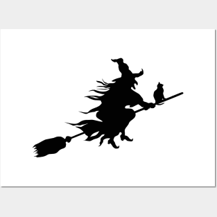 Silhouette of Witch and Cat Flying on Broomstick Posters and Art